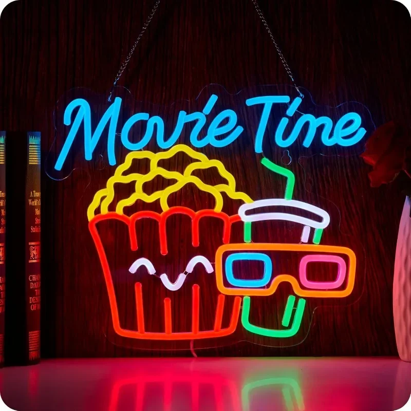 Movie Night with Popcorn Carton Neon for Wall Decor, Home Theater Decor, Dimmable USB for Cinema Man Cave Party Birthday