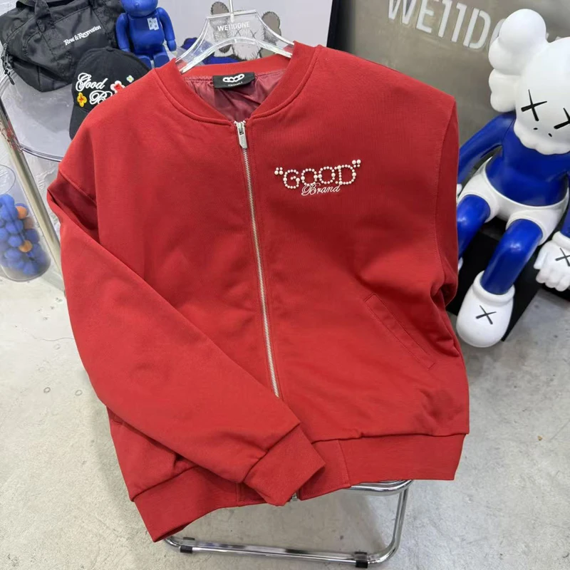 

Осенняя новая мужская одежда, куртки с жемчугом Good Brand, американские уличные мужские и женские свободные ретро-кардиганы с бейсбольным воротником на молнии