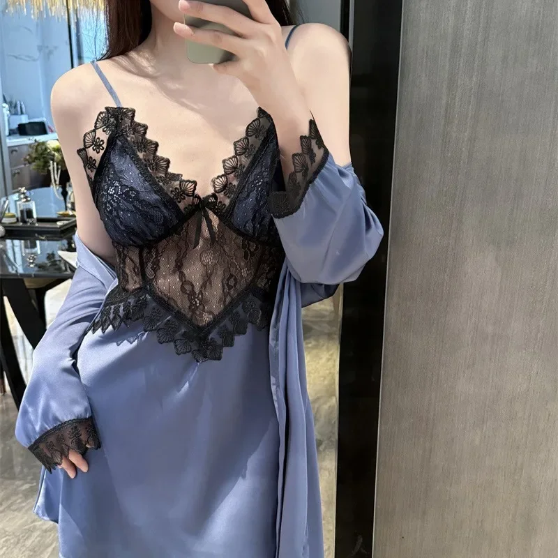 

Sexy Rayon Kimono Bathrobe Wedding 2PCS Robe Set Casual Home Clothes Nightgown Lace Trim Sleepwear Nightwear Lingerie