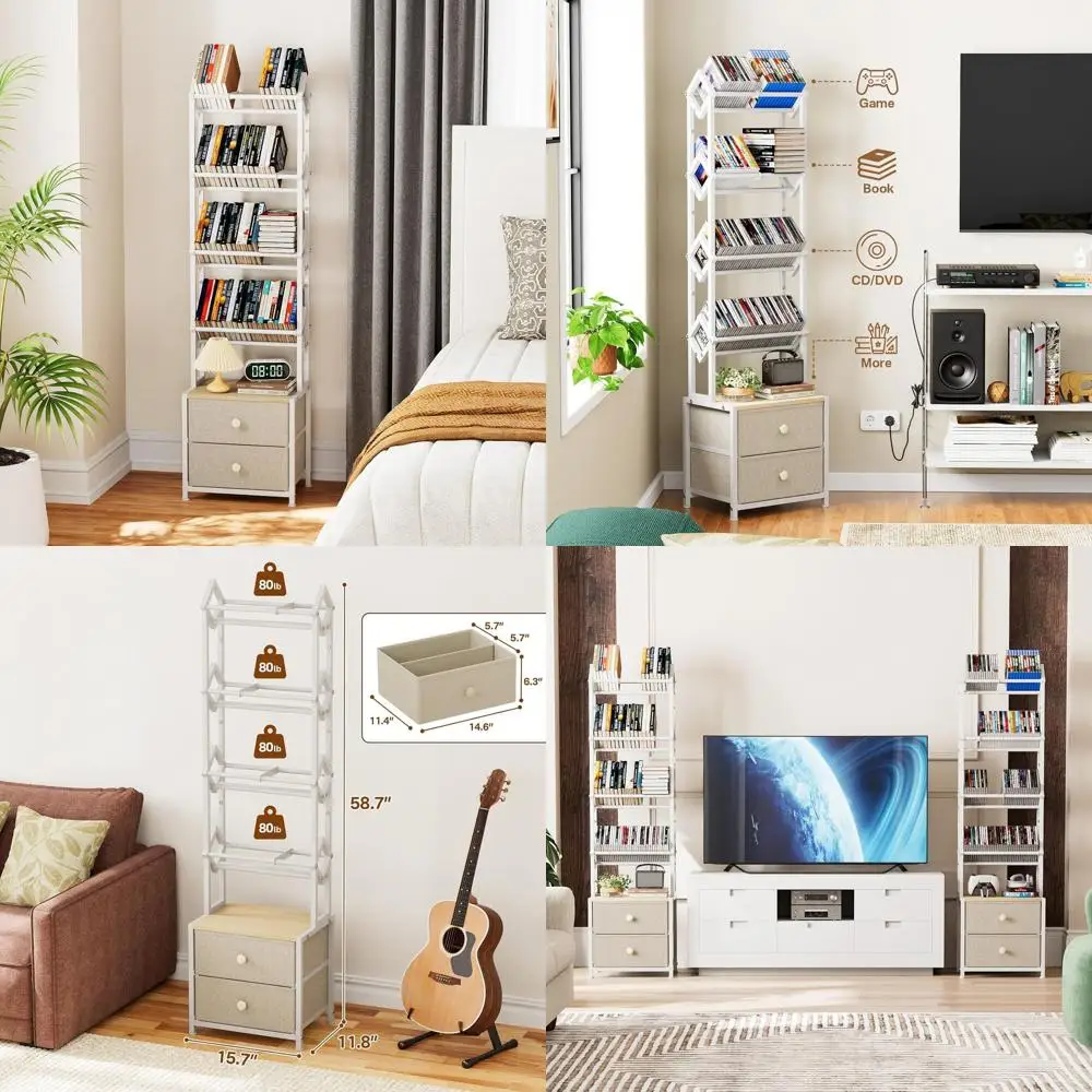 

5-Tier CD/DVD Storage Organizer with Drawers, Spacious Media Shelf for CDs, DVDs, Books & Games, Perfect for Home & Office, 15.7