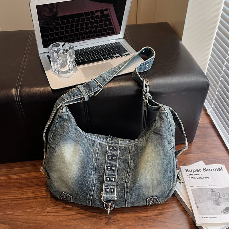 

Luxury Designer Jeans Bags Women Adjustable Shoulder Strap Underarm Handbag Casual Fashion Canvas Bag Lady Rivet Crossbody Tote