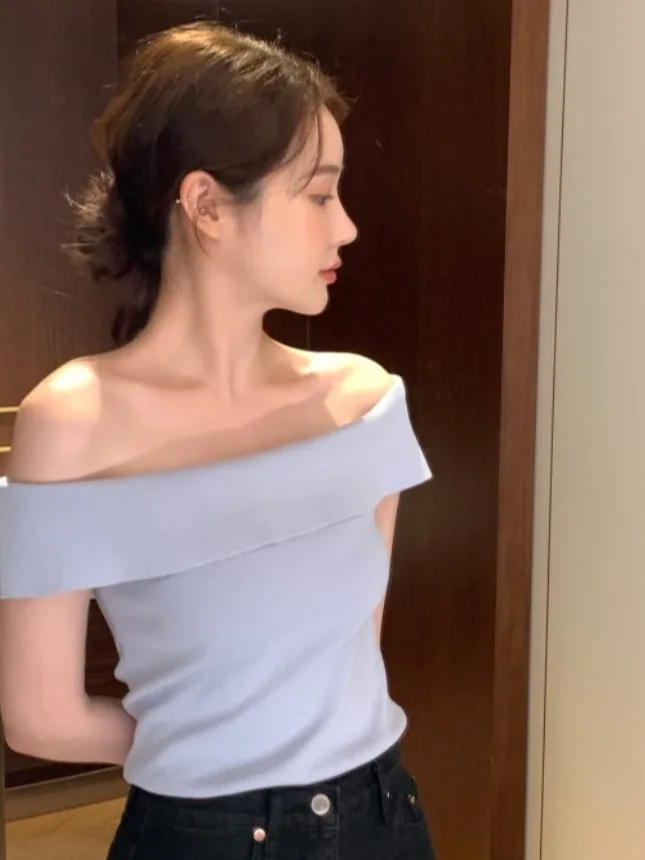 

Chic Summer Sexy One-oulder Elastic Slimming Soft Knitted Sweater Women's Faion Commute Pure Color ort Sve Top