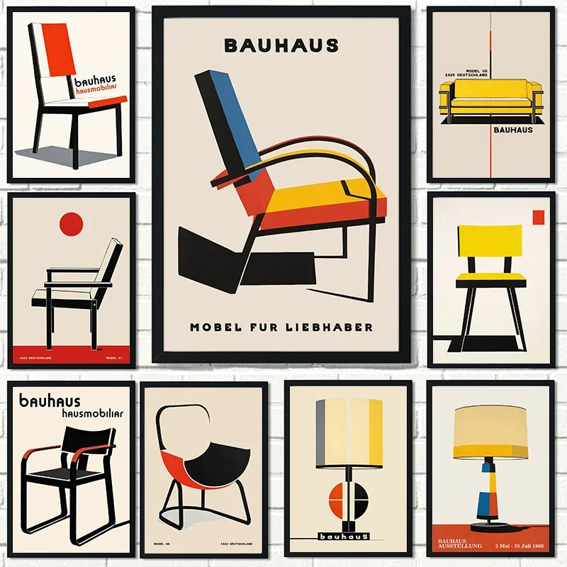Minimalist Bauhaus Poster Print, Chair Geometric Dots Exhibition Canvas Painting Modern Wall Art Minimalist Abstract Room Decor