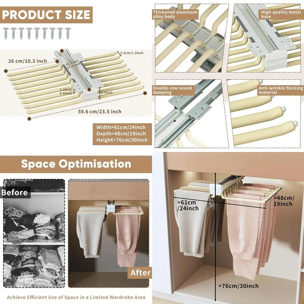 

Стальная выдвижная вешалка для брюк для шкафа, компактный органайзер для одежды, 18 кронштейнов, белая, 17,9 л x 23,5 В x 5,7 часов