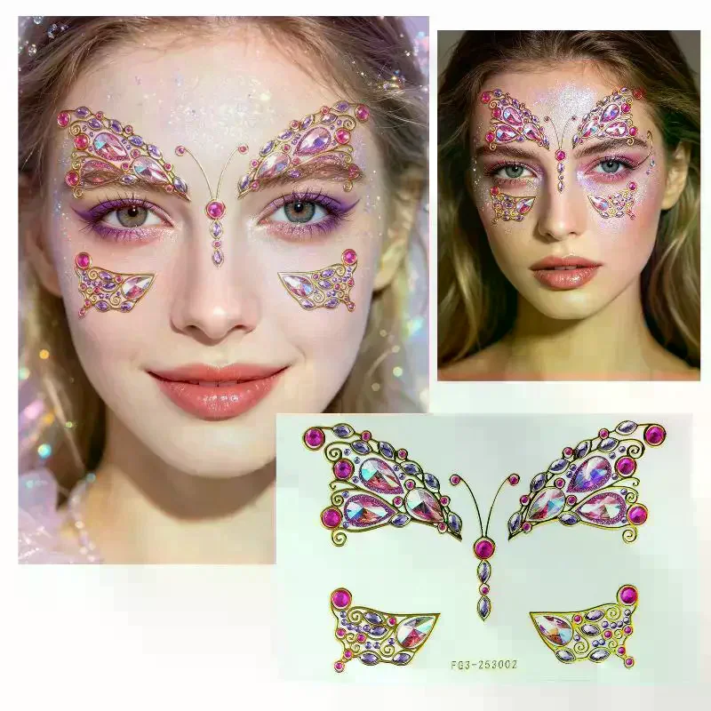 1 Set Butterfly Face Gem Stickers, Shiny Rhinestone Self-Adhesive for Rave Festival Carnival Party Makeup & Costume Decor