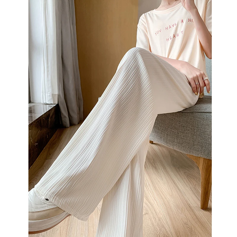 Women\'s Ice Silk Wide Leg High Waist Pleated Straight Loose Straight Thin Casual Dragging Trousers Summer Pants Korean Clothing