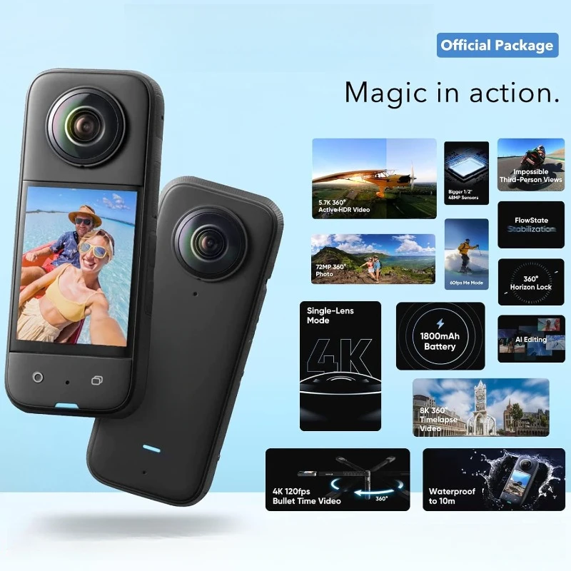 Waterproof 360 action camera with 1/2/'' 48MP sensor, 5.7K 360 Active HDR video