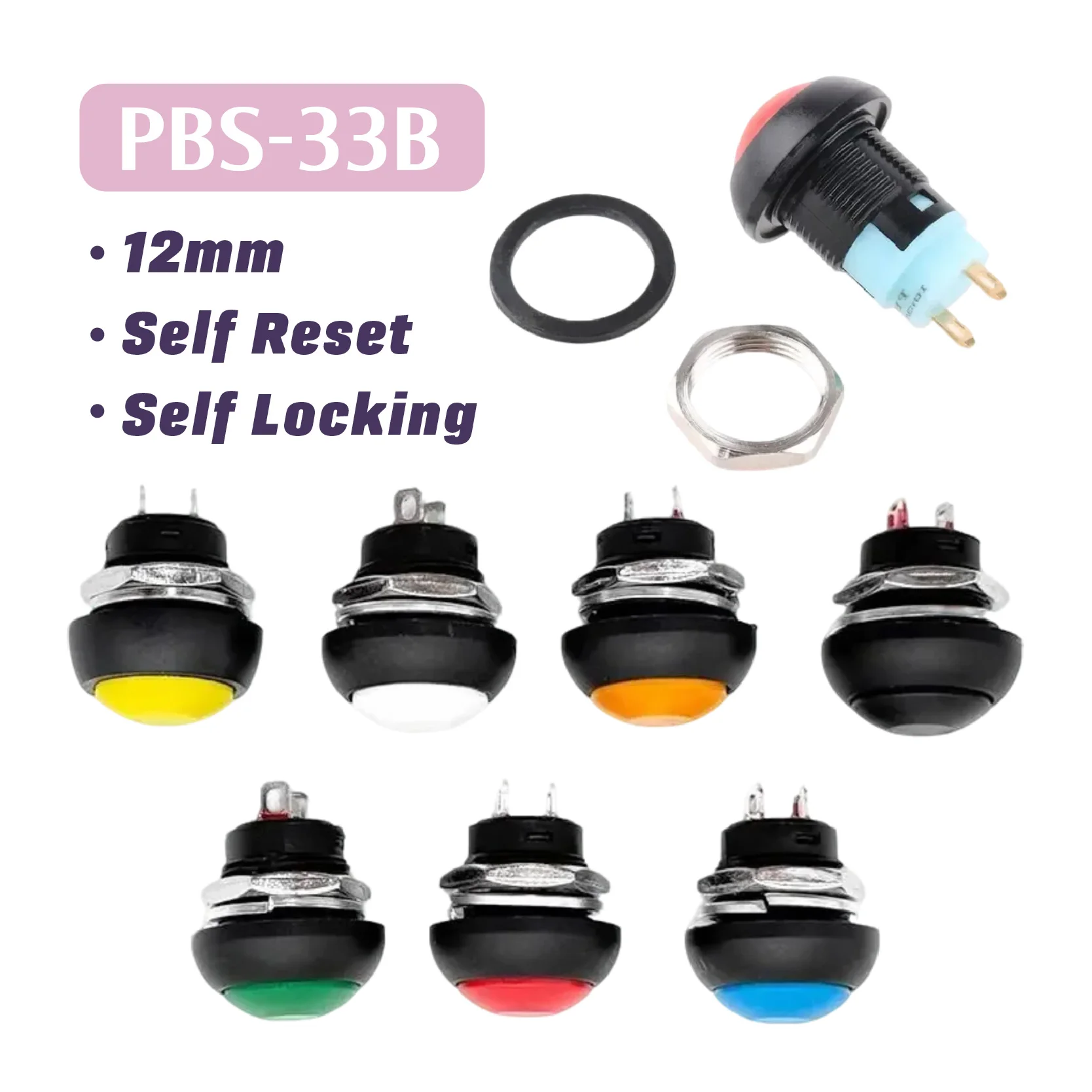 5pcs PBS-33B Self-reset Self-locking DIY Mini 12mm Momentary Push Button Switch 2Pin 1A DC12V 7Colors