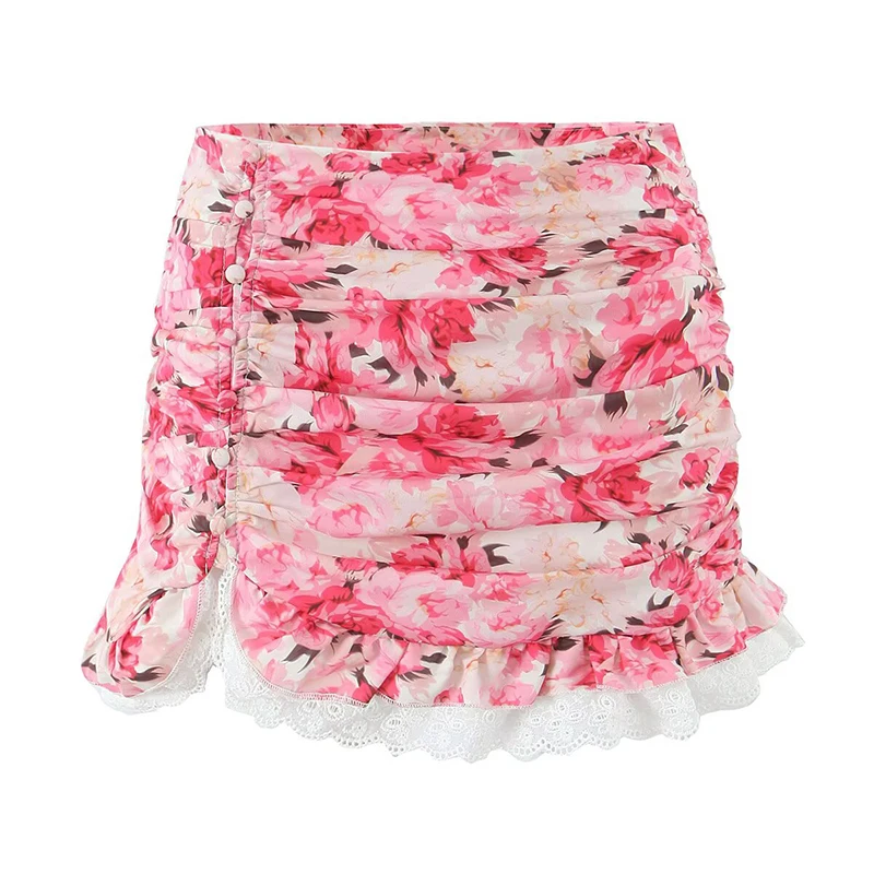 YENKYE Sexy Hem Slit Draped Floral Print Ruffled Skirt For Women Beach Party Holiday Summer Mini Skirts