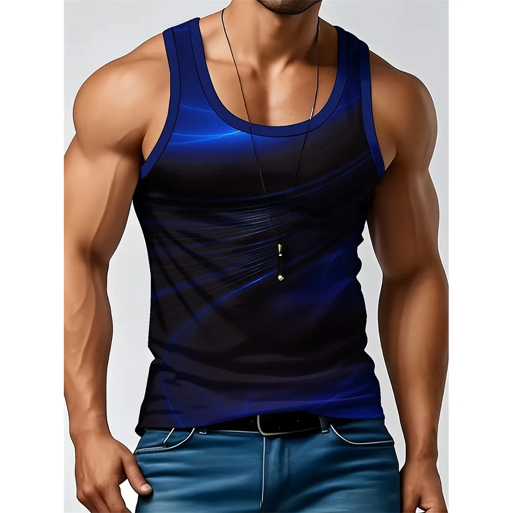 3D Print Art Style Wavy Stripes Men Tank Top Daily Casual Fashion Outdoor Basketball Vest Fitness Gym Quick Dry Loose Men's Vest