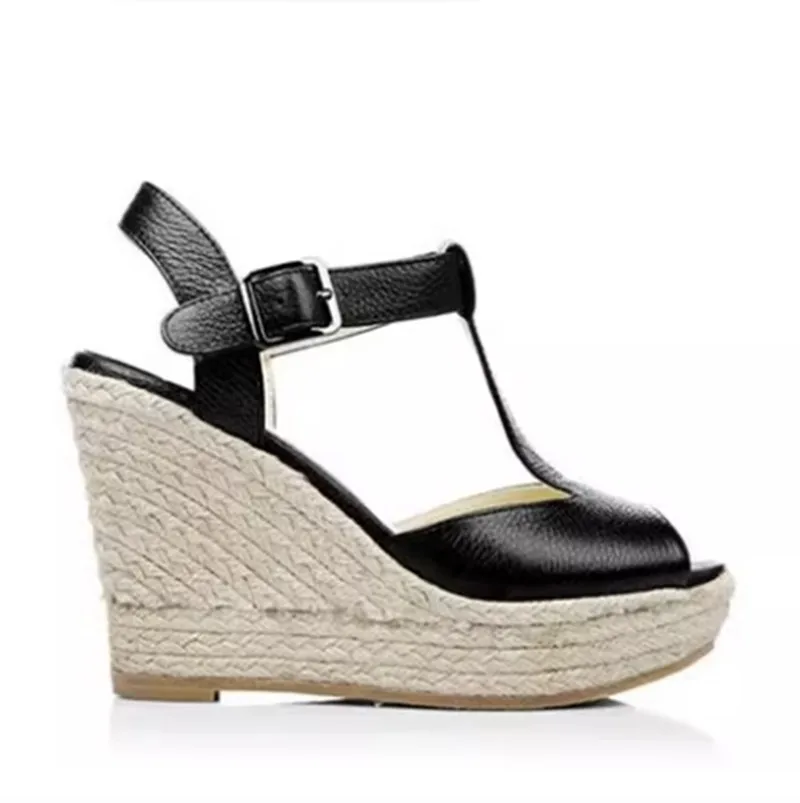 30-43 Summer Women Open Toe Shoes Princess T Strap Buckle Wedge High Heel Sandals Size 30 31 32 33 To 41 42 43