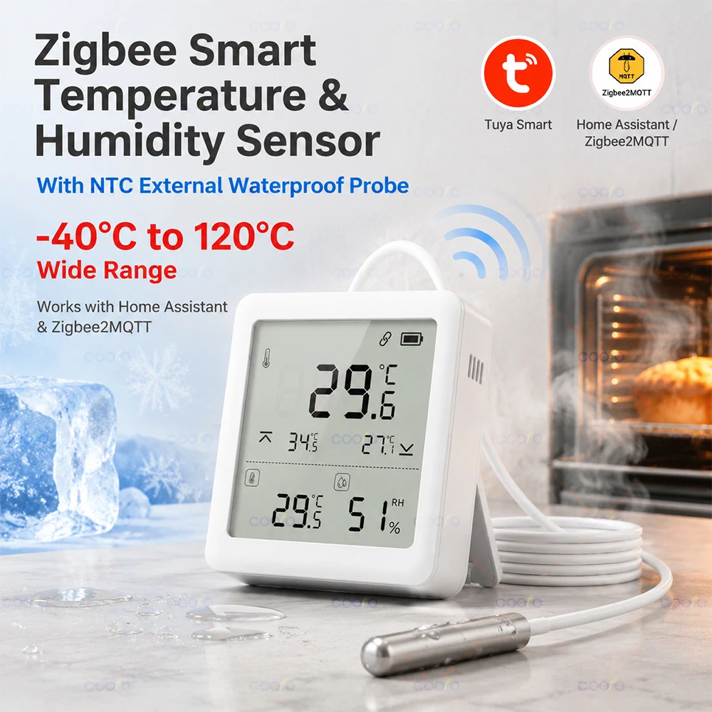 Zigbee Temperature Humidity Sensor with 3.4'' Digital LCD Screen External NTC Probe And Stand For Tuya Smart Life Z2M Need Hub