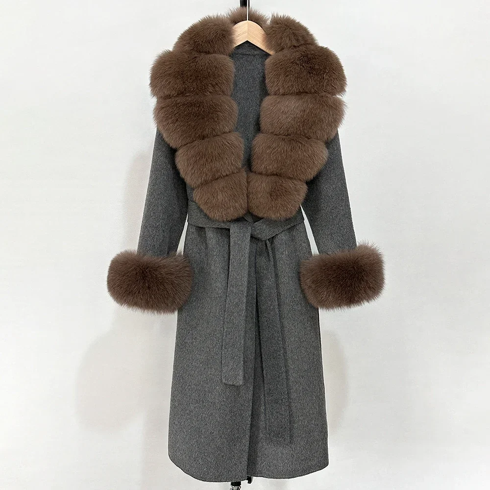 Real Fox Fur Collar Wool Blend Coat Women 2025 New Autumn Elegant Warm Winter Wool Coat Double-sided Cashmere Jacket Female