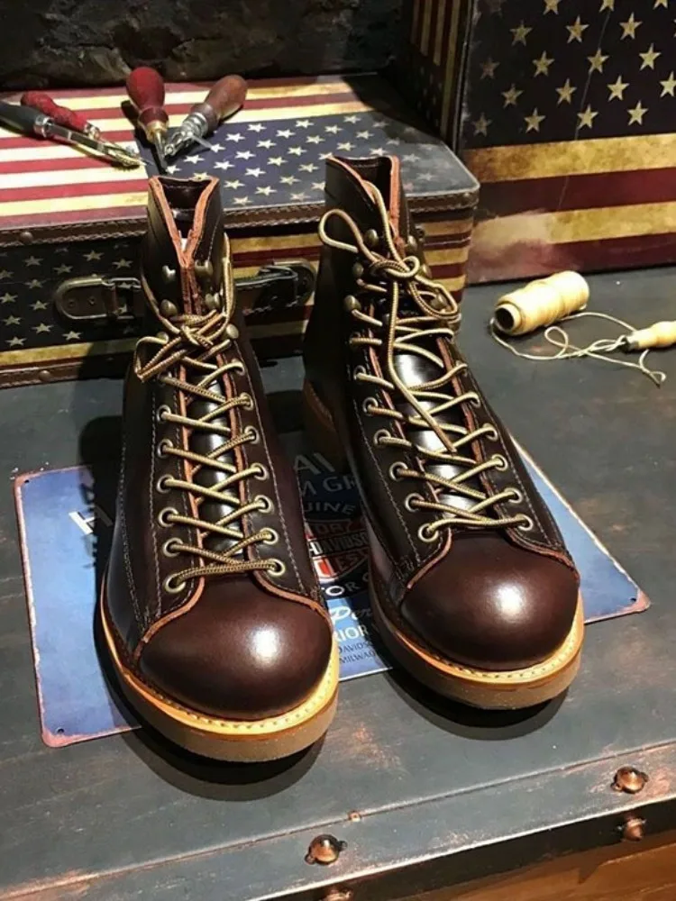 Vintage British Style Genuine Leather Boots Men Cowboy Work High Top Shoes Lace Up Handmade Cowhide Motorcycle Short Boots Male