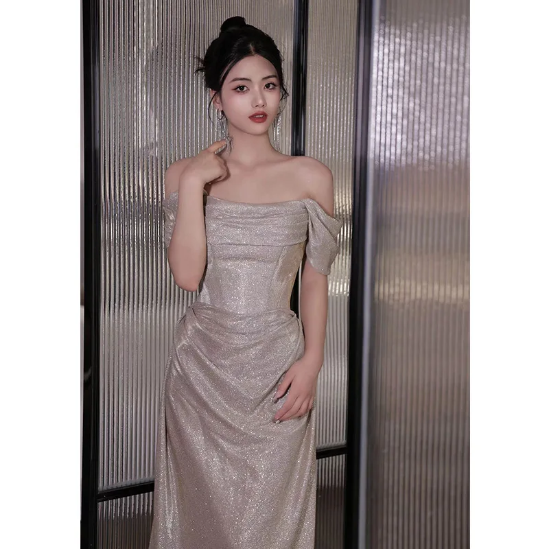 One-Shoulder Evening Dress Temperament High-Level Brilliant Shine Toasting Dress Bridal Banquet Hosting Dress Bridesmaid Dresses