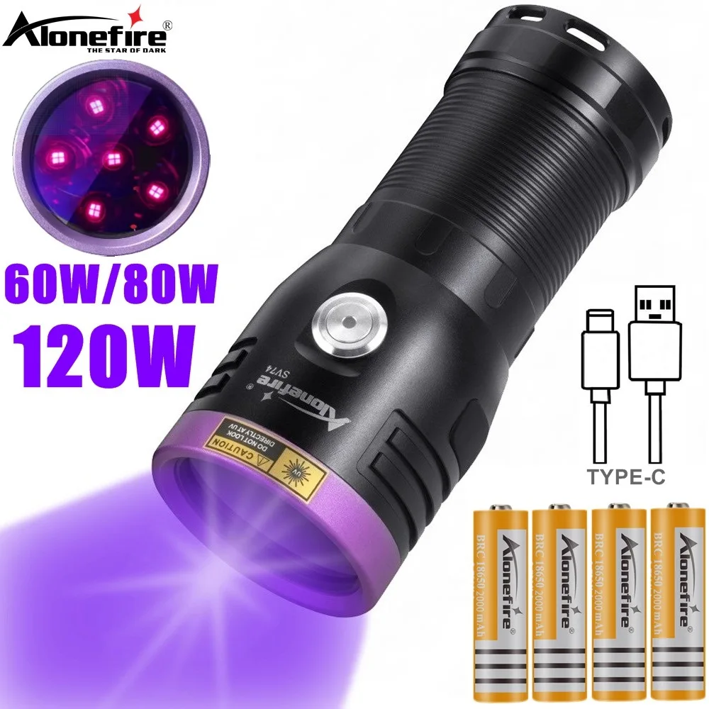 60W/80W/120W High power UV Flashlight USB Charging Blacklight Curing Money Ore Scorpion Pet Stains Cat Tinea Marker Light Torch