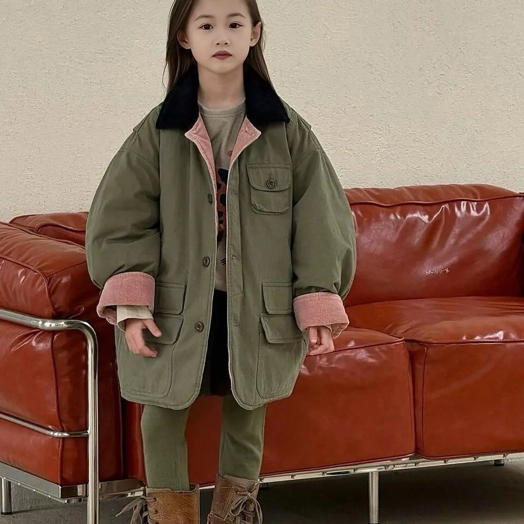 Girls' Retro Lapel Medium and Long Trench Coat 2026 Autumn and Winter New Loose Tooling Coat Coat