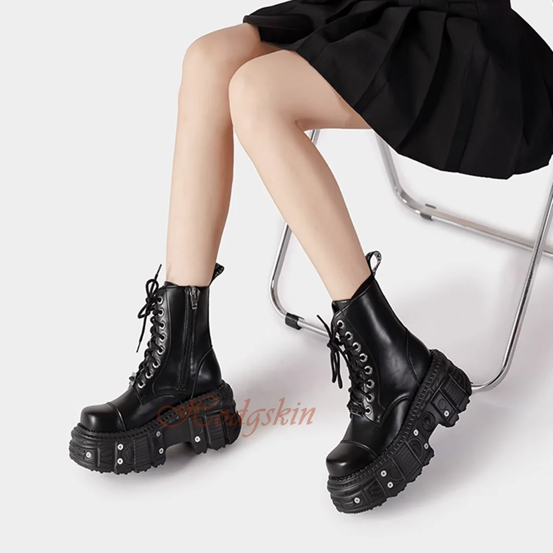 Metal Thick Sole Platform Boots Square Toe Chunky Heels Lace Up Ankle Boots Solid Leather Women Casual Shoes New Style Winter