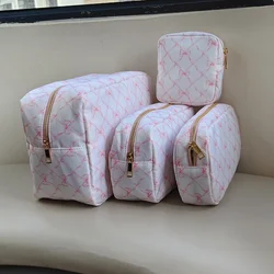 Pink Bule Bow Print Cosmetic Bag Toiletry Makeup Pouch Storage Nylon Outdoor Travel Organizer Back-to-school Birthday Party Gift