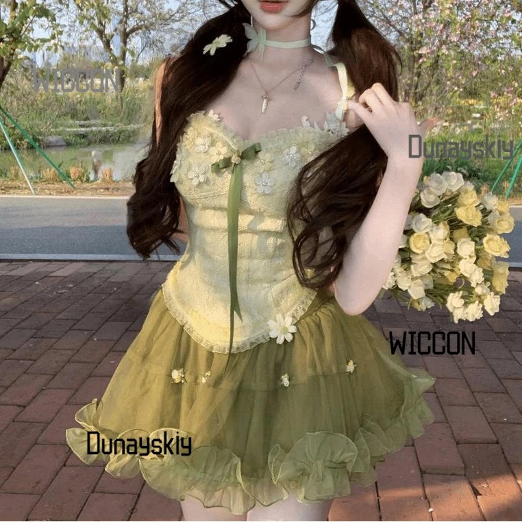 

Forest Princess Lolita Set French Style Strappy Top Mini Skirt Pure Sexy Kawaii Aesthetic Gothic/Japanese/rDaily Wear Halloween