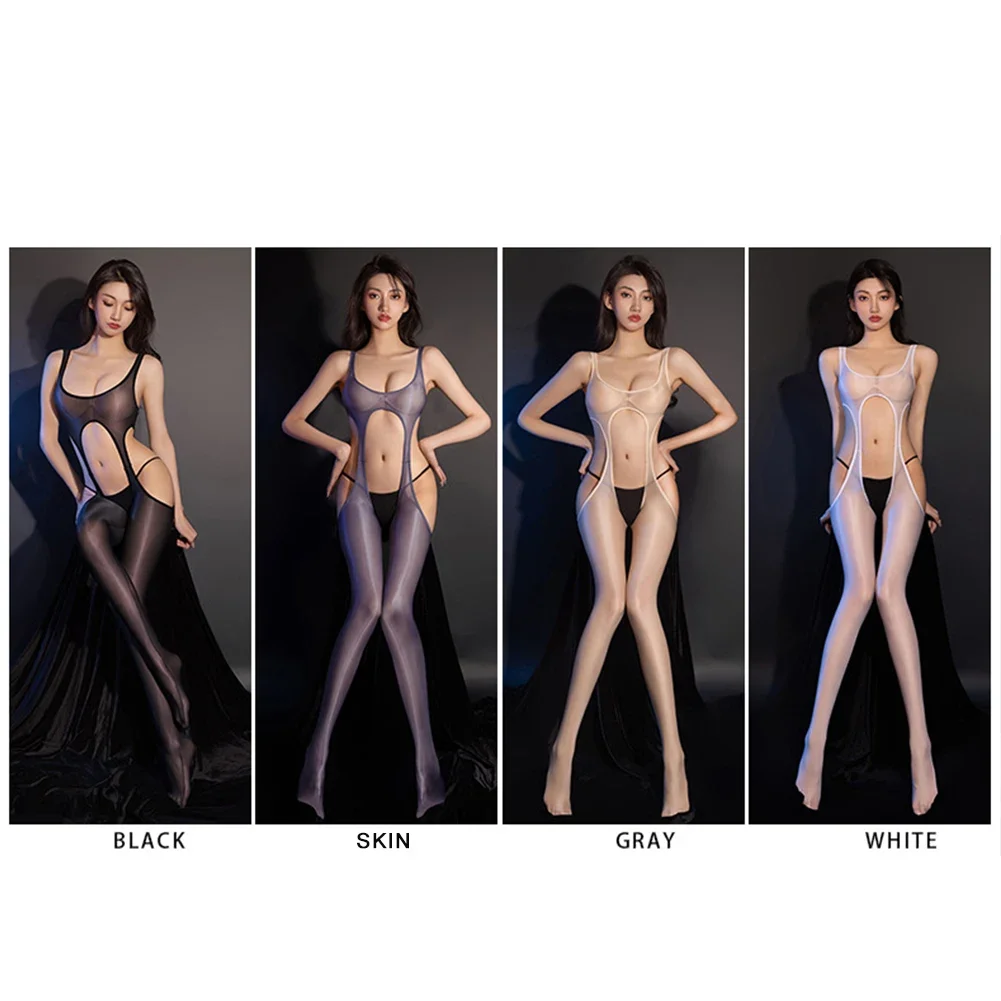 زيت لامع لامع مثير ضيق بوديستوكينج مفتوح المنشعب ارتداءها الجوف خارج قطعة واحدة جوارب الجسم يوتار انظر من خلال الجوارب