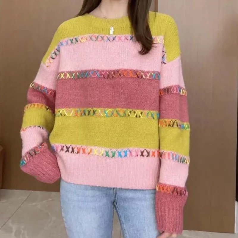 

2023 Autumn Winter New Colorful Fashion Rainbow Stripe Women Sweater Casual Loose Female Knitted Pullover