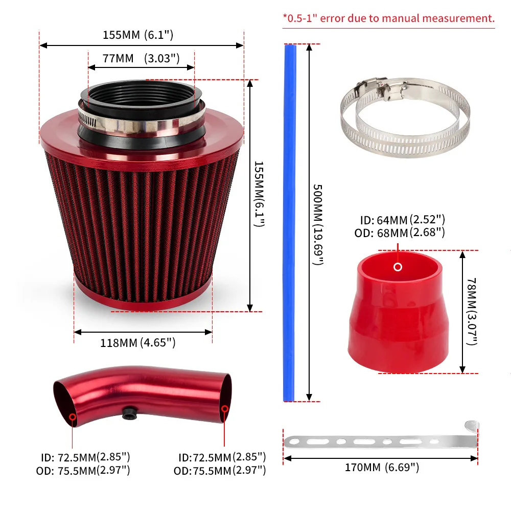 76mm 3inch Air Filter & Cold Air Intake System Turbo Induction Pipe Tube Kit With High Flow Cone Air Intake Filter