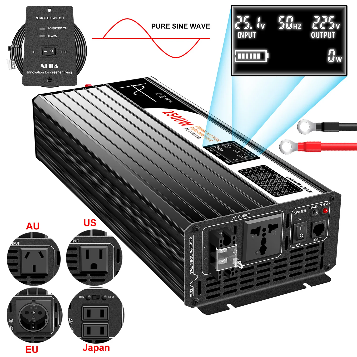 1500W 2000W 2500W 3000W pure sine wave solar power inverter 12V/24V/48V DC to 110V 220V AC LCD screen