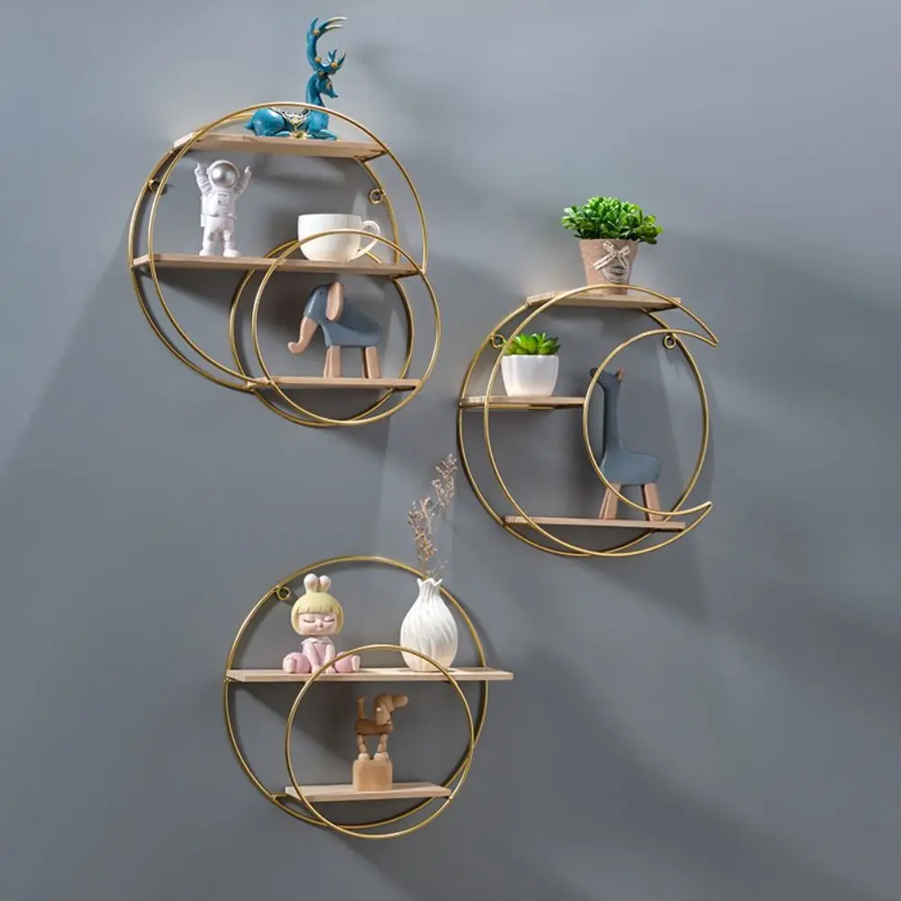 Creative Iron Decorative Wall Shelf Gold No Punching Wall Storage Rack Nordic Style Space Saving Wall Decoration Living Room
