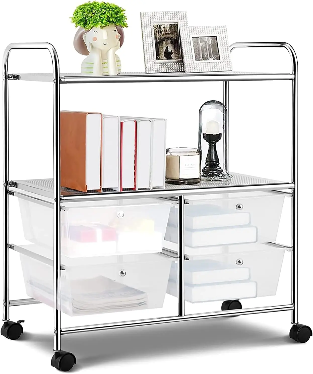 

Hysache Rolling Storage Cart, Utility Organizer Cart w/ 4 Drawer 2 Shelves Trolley, Metal Frame, Plastic Storage Drawers on Whee