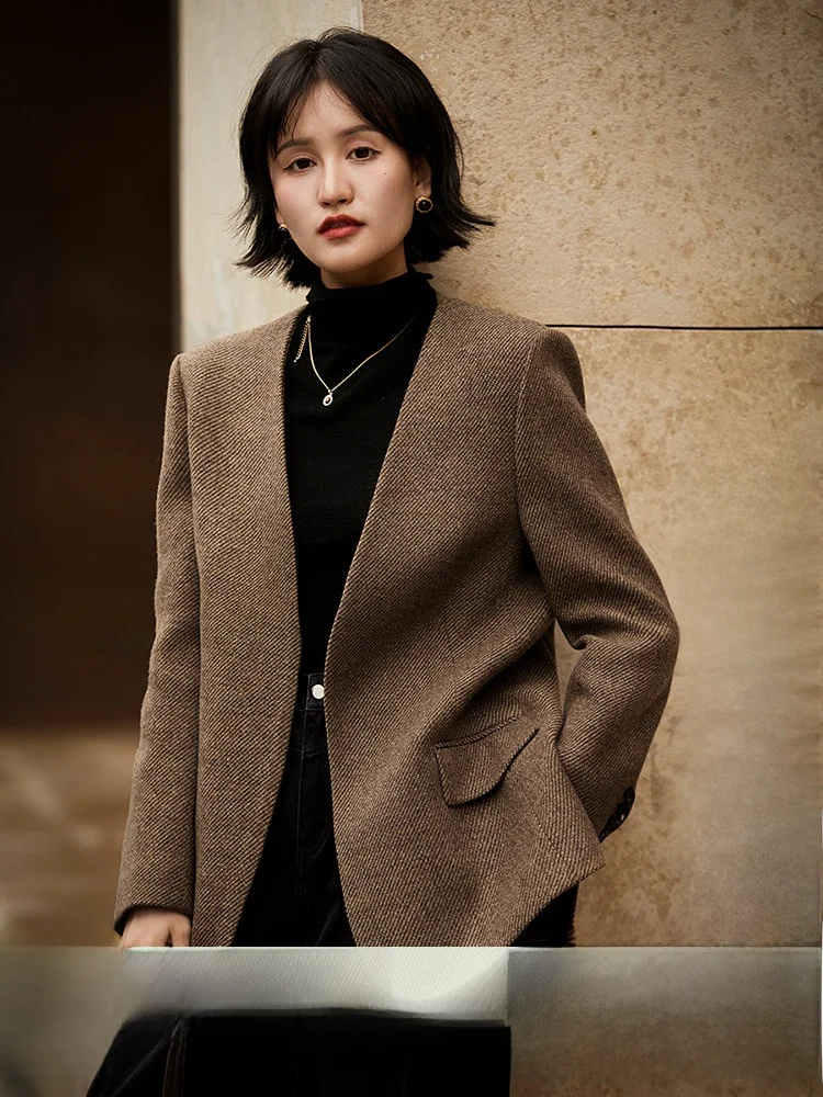 

Женский шерстяной костюм-пиджак Xiao Han Ge Paris Sunset: винтажное клетчатое пальто в британском стиле с длинными рукавами и V-образным вырезом на пуговицах