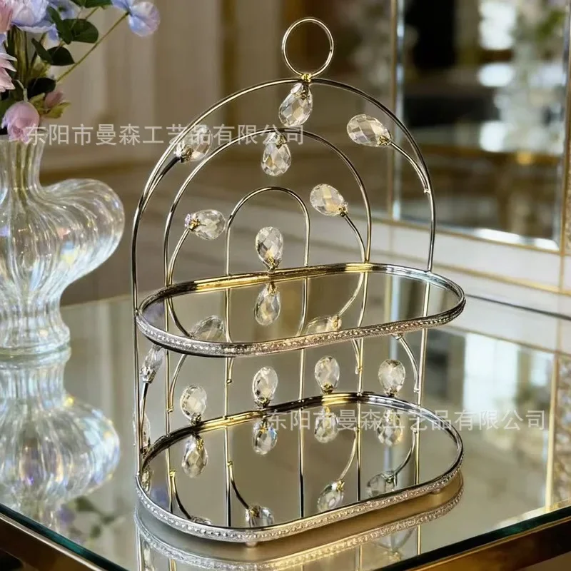 European light luxury crystal birdcage fruit plate double mirror snack tray dessert table ornament wedding decoration props