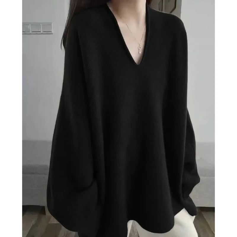Korean Elegant Solid Knit Pullover Women Long Sleeve Loose Lazy Sweater Harajuku Y2K V Neck Black Street Fashion Casual Top