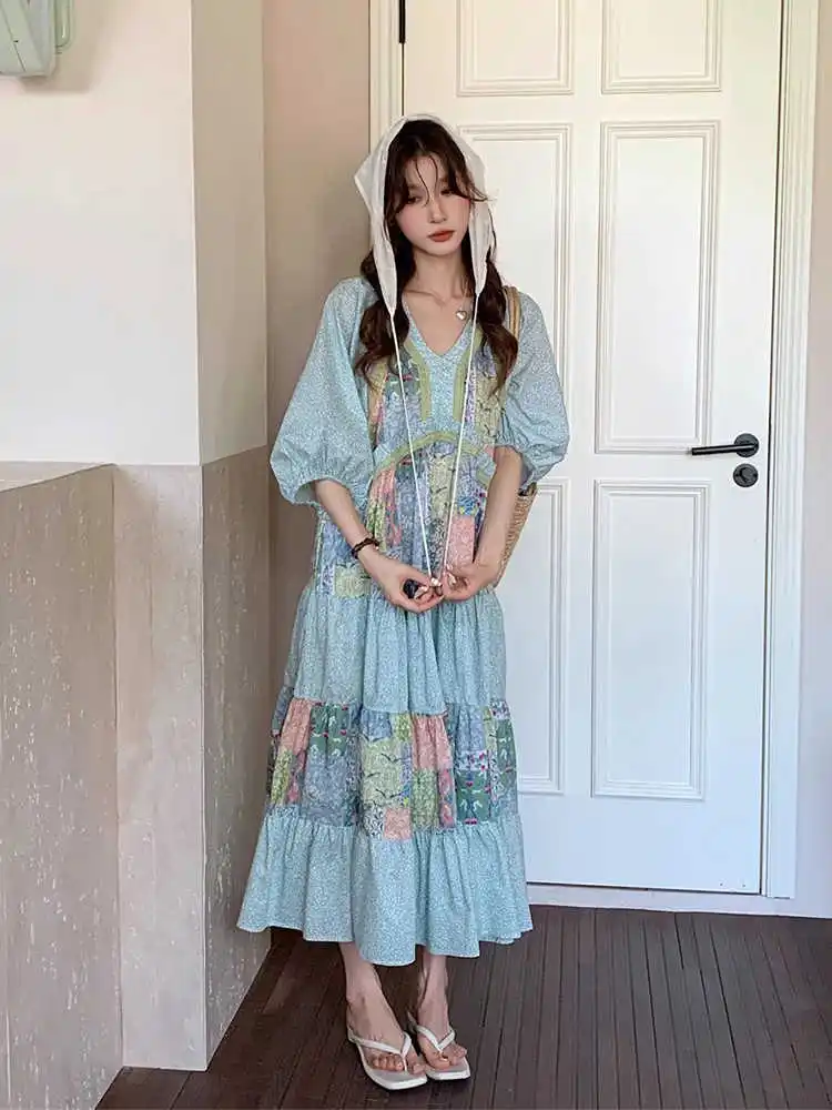 Clothland mujeres dulce estampado Midi Vestido de encaje Patchwork empalmado Puff manga Bohe una pieza lindo vestidos femeninos Vestido QE079