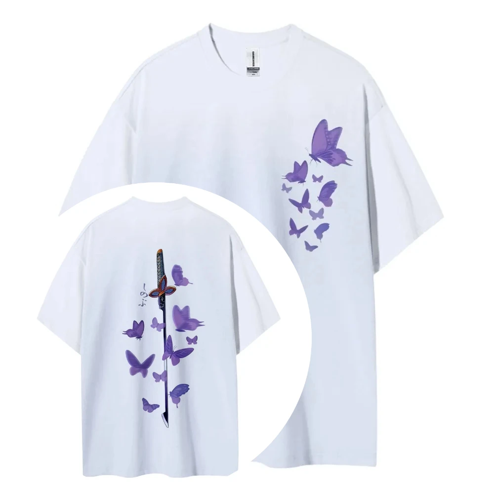 

Футболка из чистого хлопка Demon Slayer Kochou Shinobu, лето 2026, свободный американский повседневный топ с короткими рукавами и принтом аниме для родителей и детей