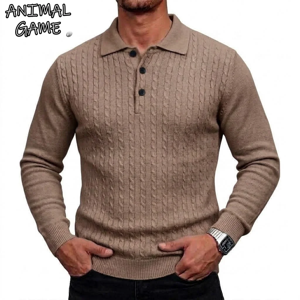 Men's Cable Knit Polo Shirts Casual Pullover Sweater Button Lapel Collar Long Sleeve Slim Fit Knitted Jumpers for Men Streetwear
