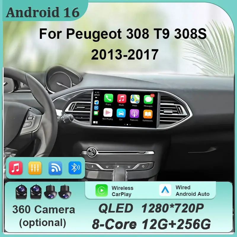 Radio para Auto Android 16 de 7'' para Peugeot 308 T9 308S 2013-2017, Reproductor Multimedia, GPS, Navegador, Pantalla Táctil, Bluetooth, WiFi, Unidad Principal Estéreo para Auto