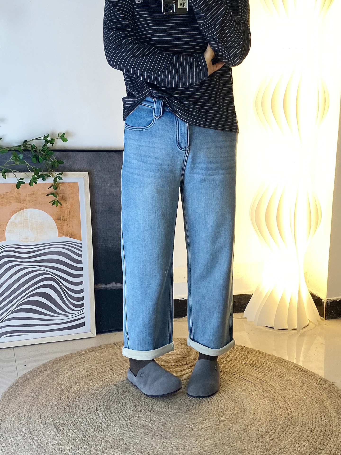 

plus Size Fce Lined Slimming Boyfriend Straight Leg Jeans Pear aped Women 200 Pou Fat M Pants High Waist Cotton Stret...