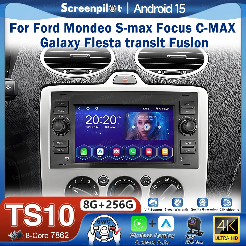 Reprodutor de Vídeo Android 16 de 7 Polegadas para Ford Mondeo S-max Focus C-MAX Galaxy Fiesta Transit Fusion com GPS, Navegação e Unidade Central de Áudio.