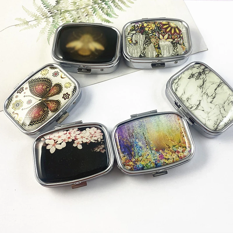 1PCS Divided Metal Butterfly Pill Boxes Square Pill Boxes Portable Organizer Medicine Case Splitters Pill Candy Jewelry Case Box