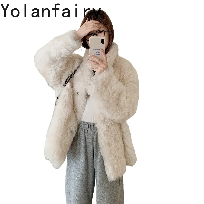 YOLANFAIRY High Quality Natural Sheepskin Shearling Fur Jacket Women Luxury Winter 100% Real Wool Fur Coats Mid-length abrigos