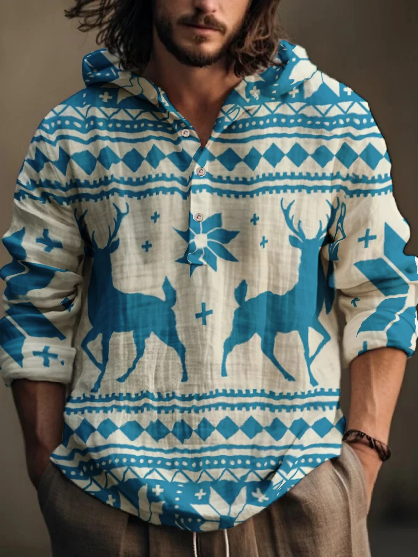 Men Christmas Reindeer Geometric Tribal Print Hooded Henley Shirt Long Sleeve Half‑Button Placket Loose Fit Holiday Festival