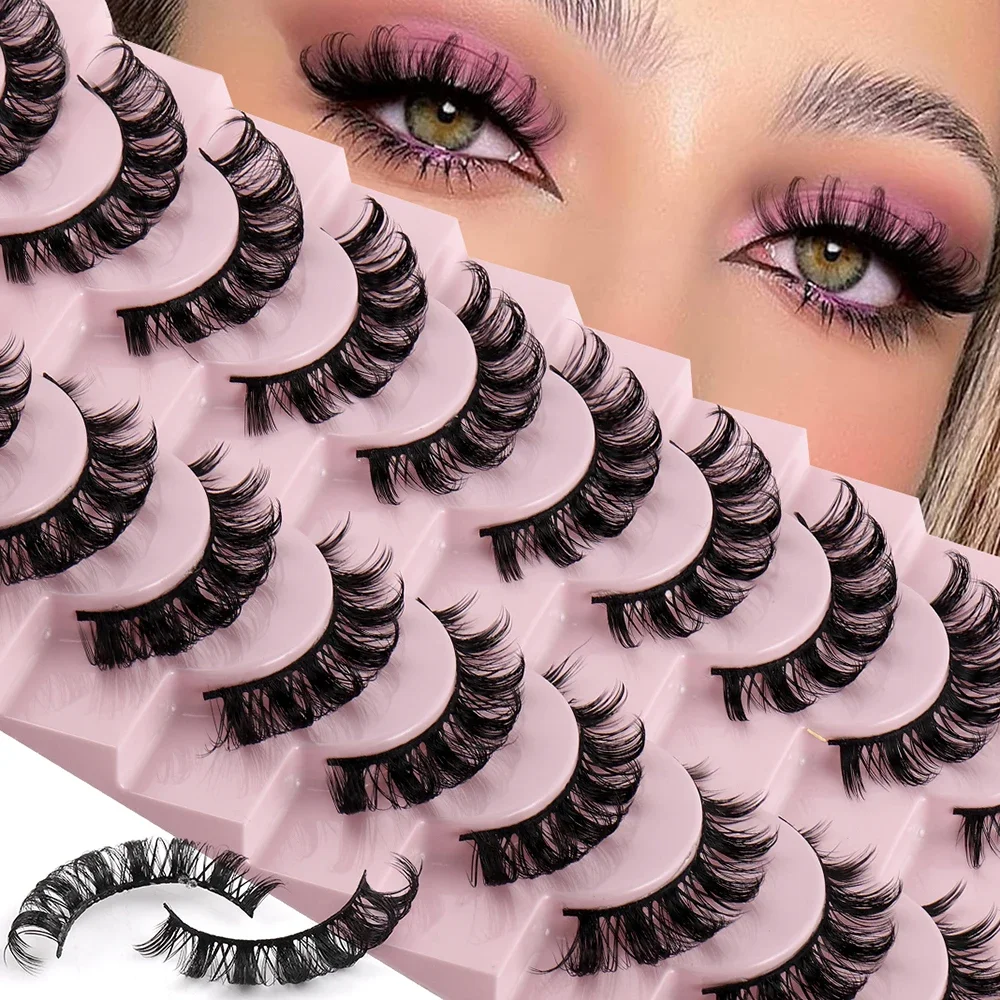 

10 Pairs Russian Strip Lashes D Curl Faux Mink Lashes Natural Look Fluffy Volume Wispy Russian Lashes 3D Effect Fake Eyelashes