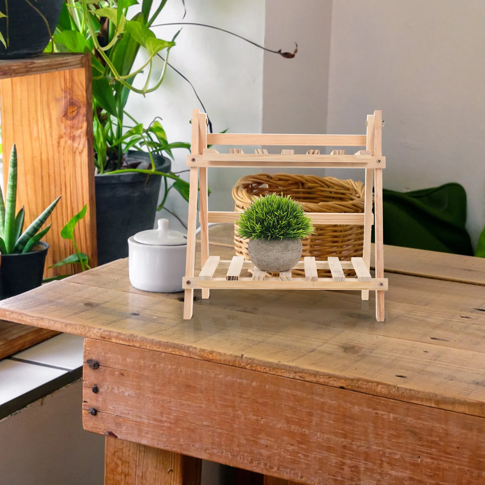 

Wooden 2-Tier Tray Folding Organizer Rack Desktop Sundries Holder Multi-Layer Storage Shelf Stationery Organizer