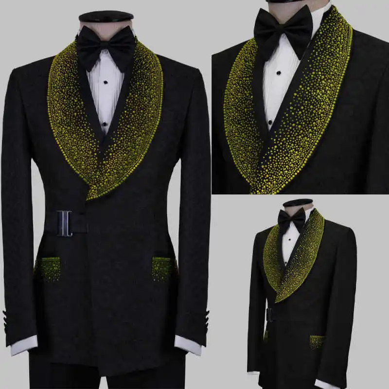 

Modern Beaded Men Wedding Tuxedos Shawl Lapel Prom Male Party 2 Pieces Pant Sets Customized Trajes Para Hombre