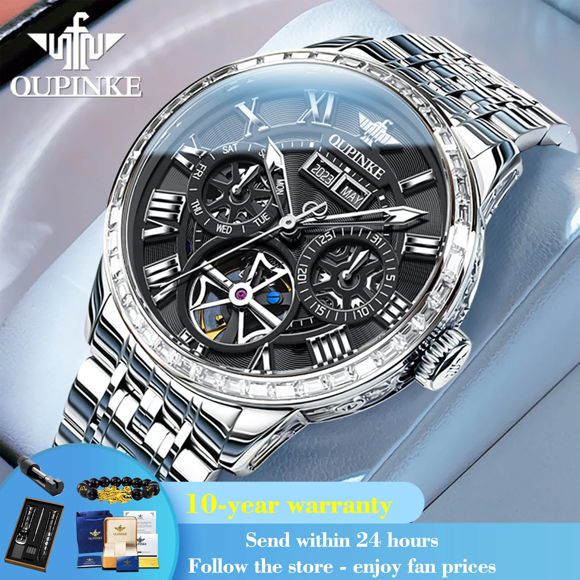 OUPINKE 3252 Diamond Luxury Automatic Man Wristwatch Hollow Roman Scale Mechanical Watch For Men Synthetic Sapphire Mirror Watch