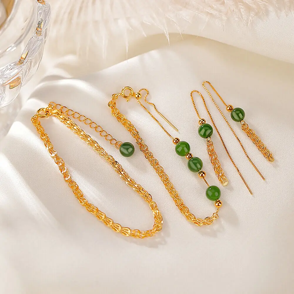 

Real 925 Sterling Silver Feather Link Green Jade Jewelry Set Earrings Bracelet