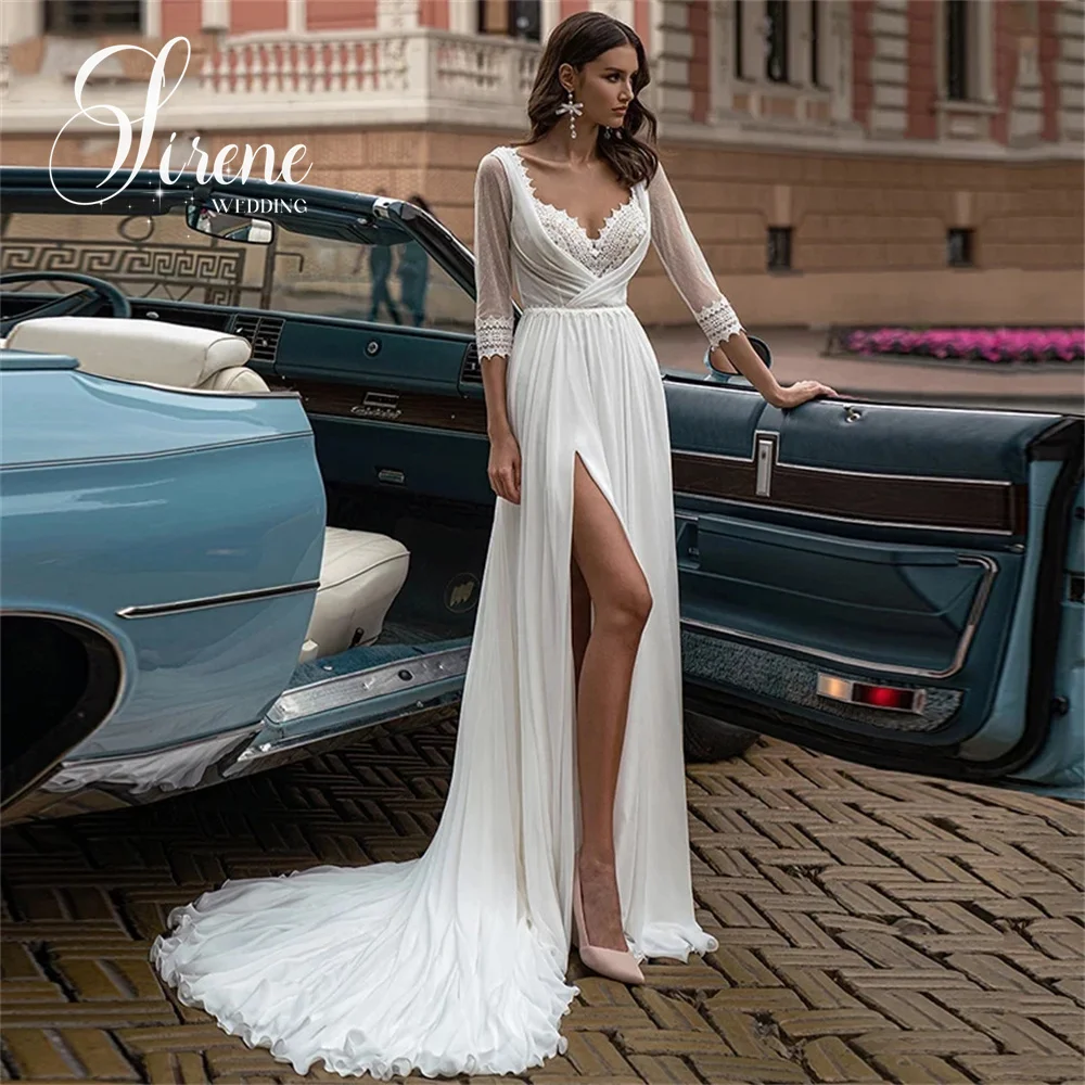 Sirene Boho Chiffon Wedding Dress Lace Three Quarter Sleeve Pleats Sexy High Side Slit V-Neck Bridal Dress 2024 Wedding Party