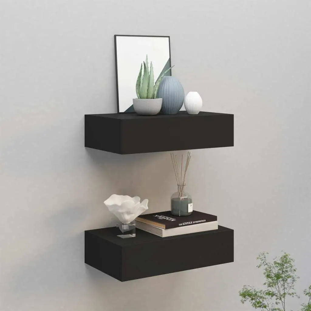 2PCS Wall-Mounted Drawer Shelves - Black MDF Storage Units 40x23.5x10cm