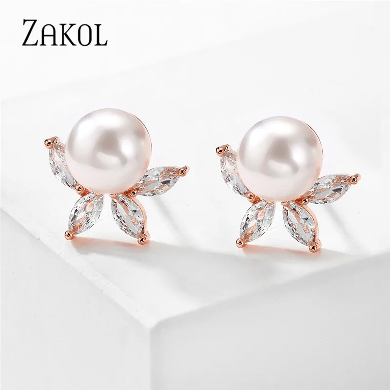 ZAKOL Classic Round Simulated Pearl Stud Earrings for Women Shinny Zirconia Crystal Bridal Wedding Party Fashion Jewelry